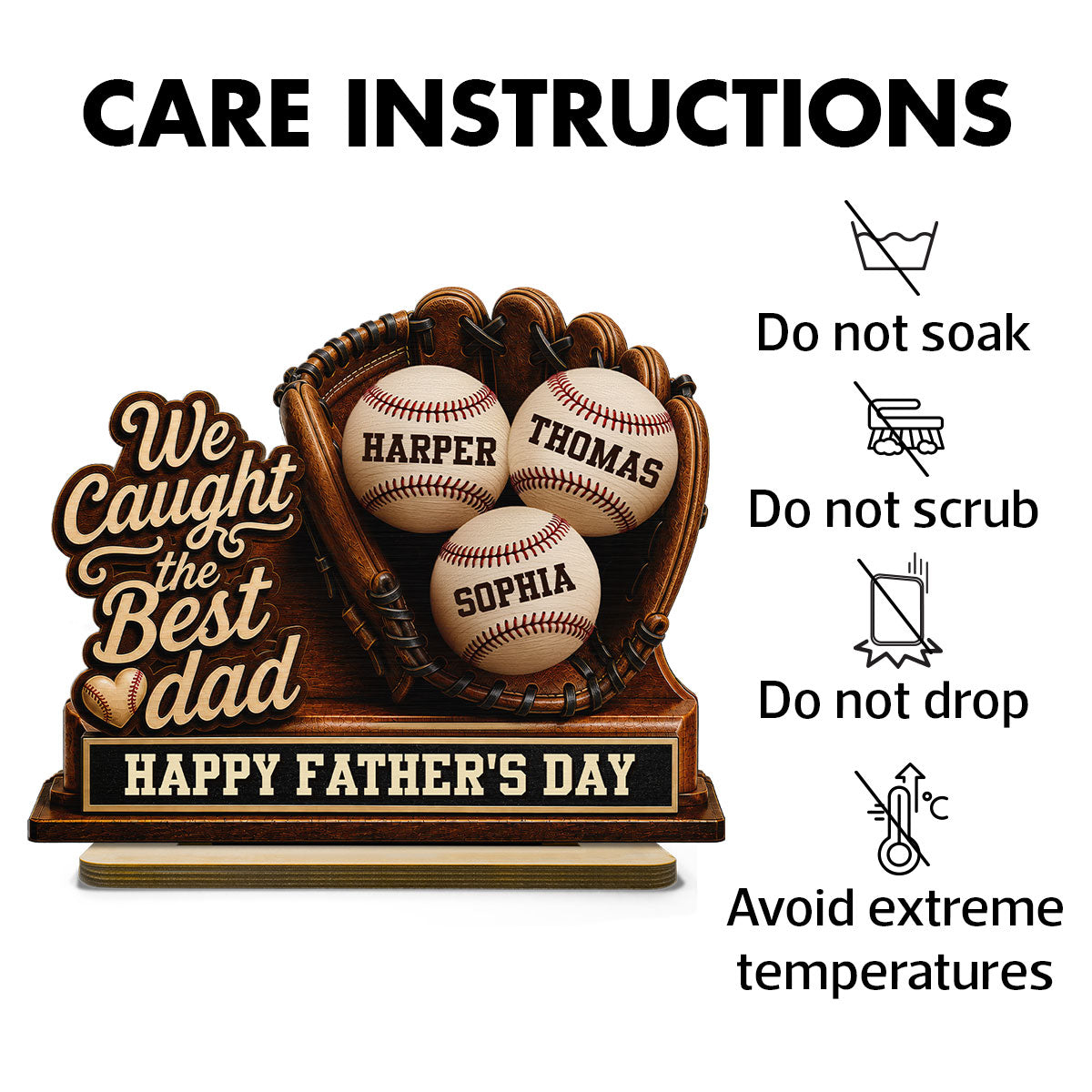 We Caught The Best Dad Baseball In Glove - Personalized 2-Layered Wooden Plaque - Happy  For Baseball Dad
