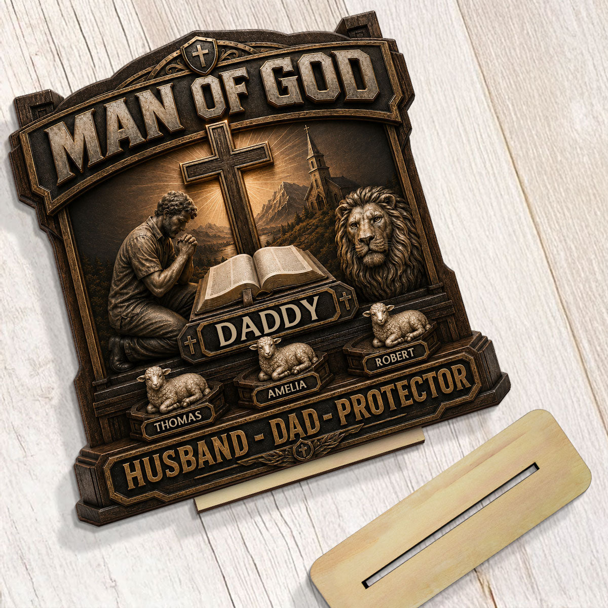 Man Of God - Personalized 2-Layered Wooden Plaque -  Gift For Dad, Husband, Grandpa, Christian Dad