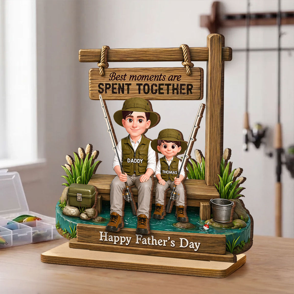 Best Moments Are Spent Together Fishing Dad Kids - Personalized 2-Layered Wooden Plaque - Heartfelt Gift For Fishing Dad, Gift For Husband