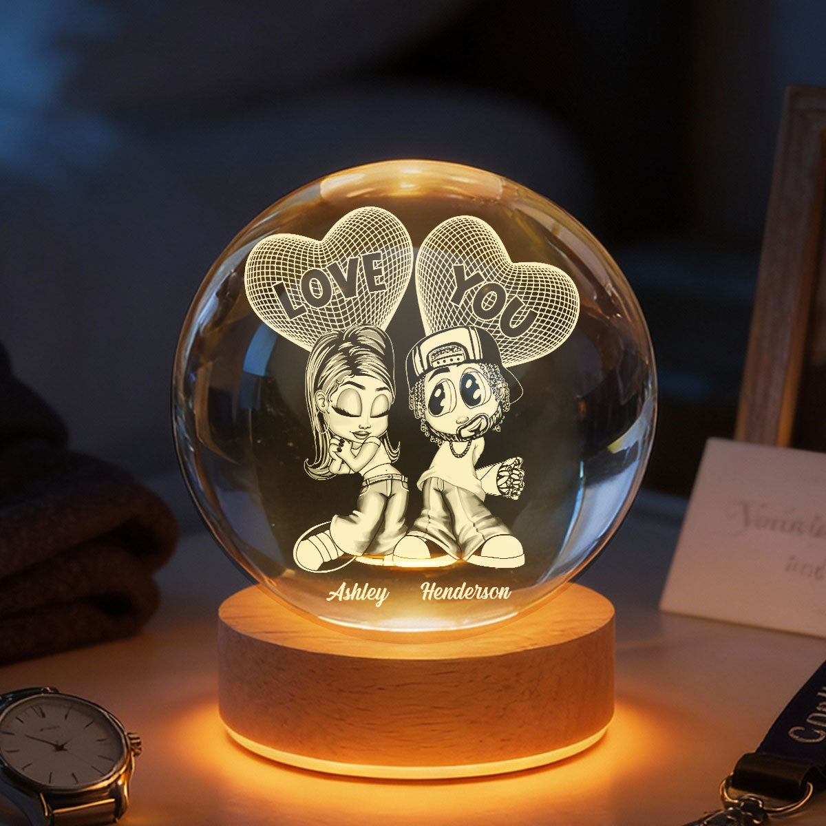 Y2K Couple 3D Illusion Heart - Personalized Crystal Ball LED Night Light - Valentine's Day Gift For Him, For Her