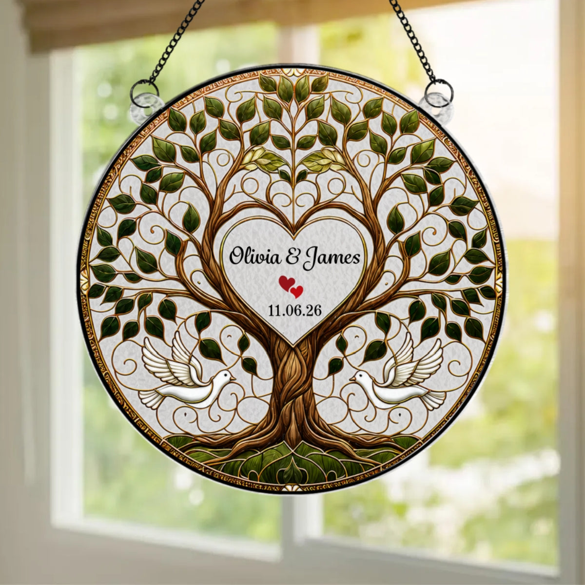 Wedding Tree Of Life With Doves - Personalized Acrylic Window Hanger - Wedding Keepsake, Anniversary Gift For Couples