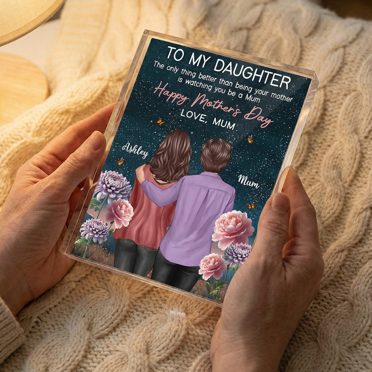 To My Daughter From Mum Birth Month Flower Beautiful Hill At Night - Personalised Acrylic Block Plaque - Gift For Mom