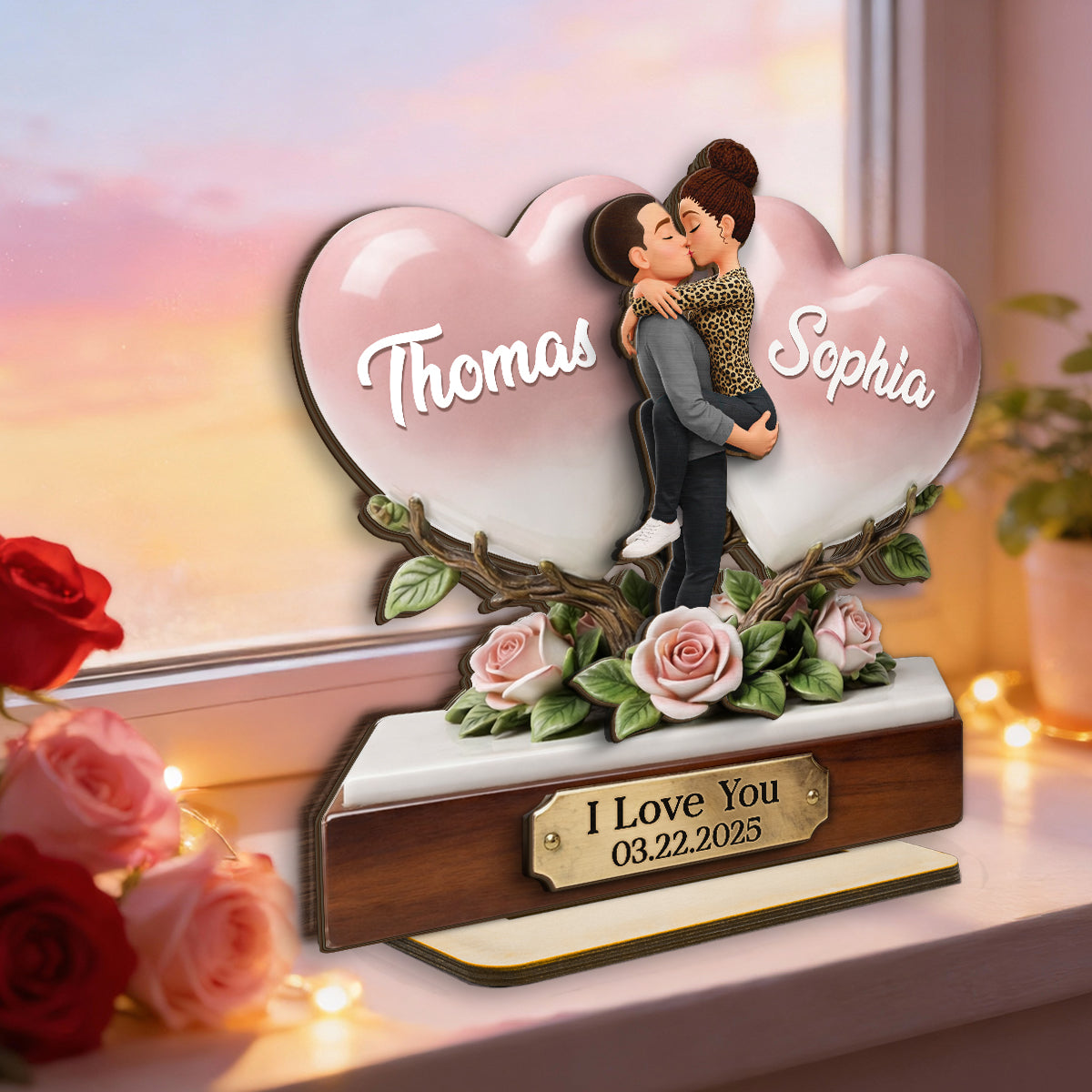 I Love You Couple Heart Rose - Personalized 2-Layered Wooden Plaque - Anniversary, Valentine's Day Gift, Gift For Him, Gift For Her