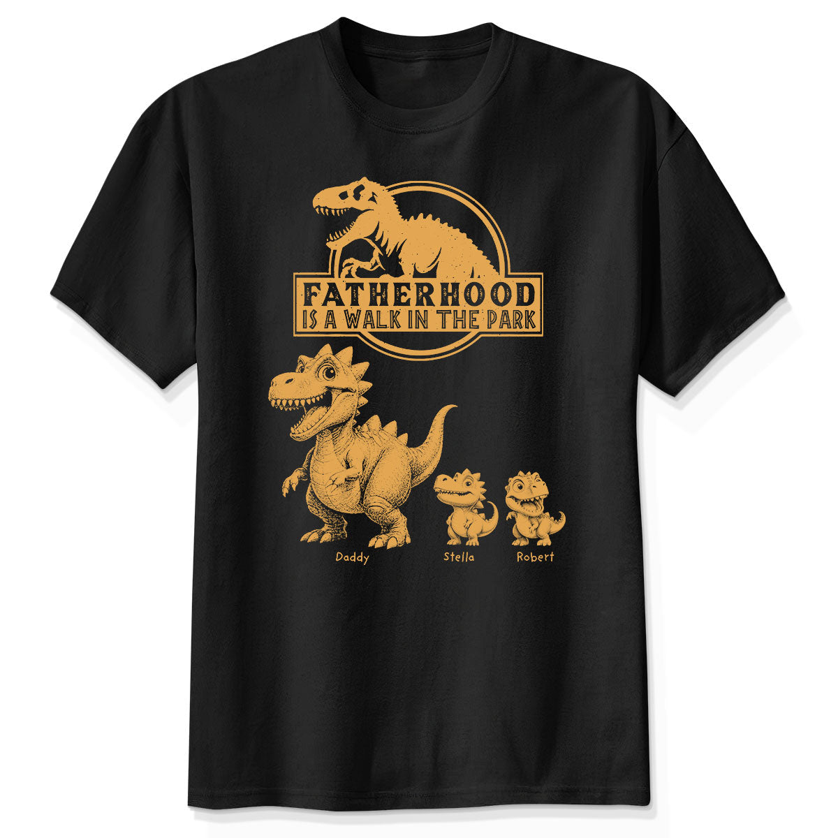 Retro Yellow Vintage Fatherhood Is A Walk In The Park Dinosaurs - Personalized Shirt - Funny Father's Day Gift For Dad, Husband