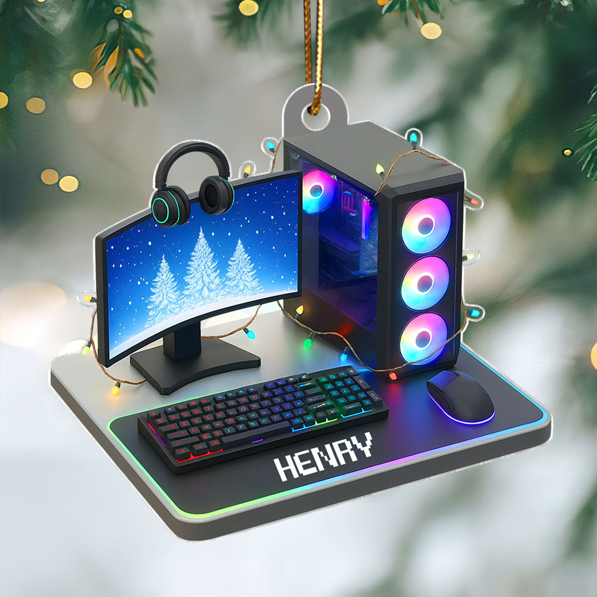 Custom Gamer Name PC Set Up - Personalized Acrylic Ornament - Christmas Gift for Gamers, Teen Boy, Teen Girl