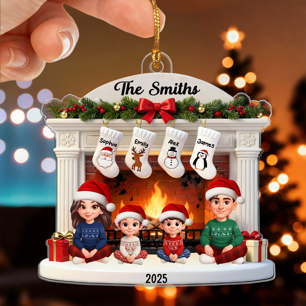 3D Effect Christmas Festive Christmas Fireplace Beautiful Family Together - Personalized Acrylic Ornament - Gift For Family