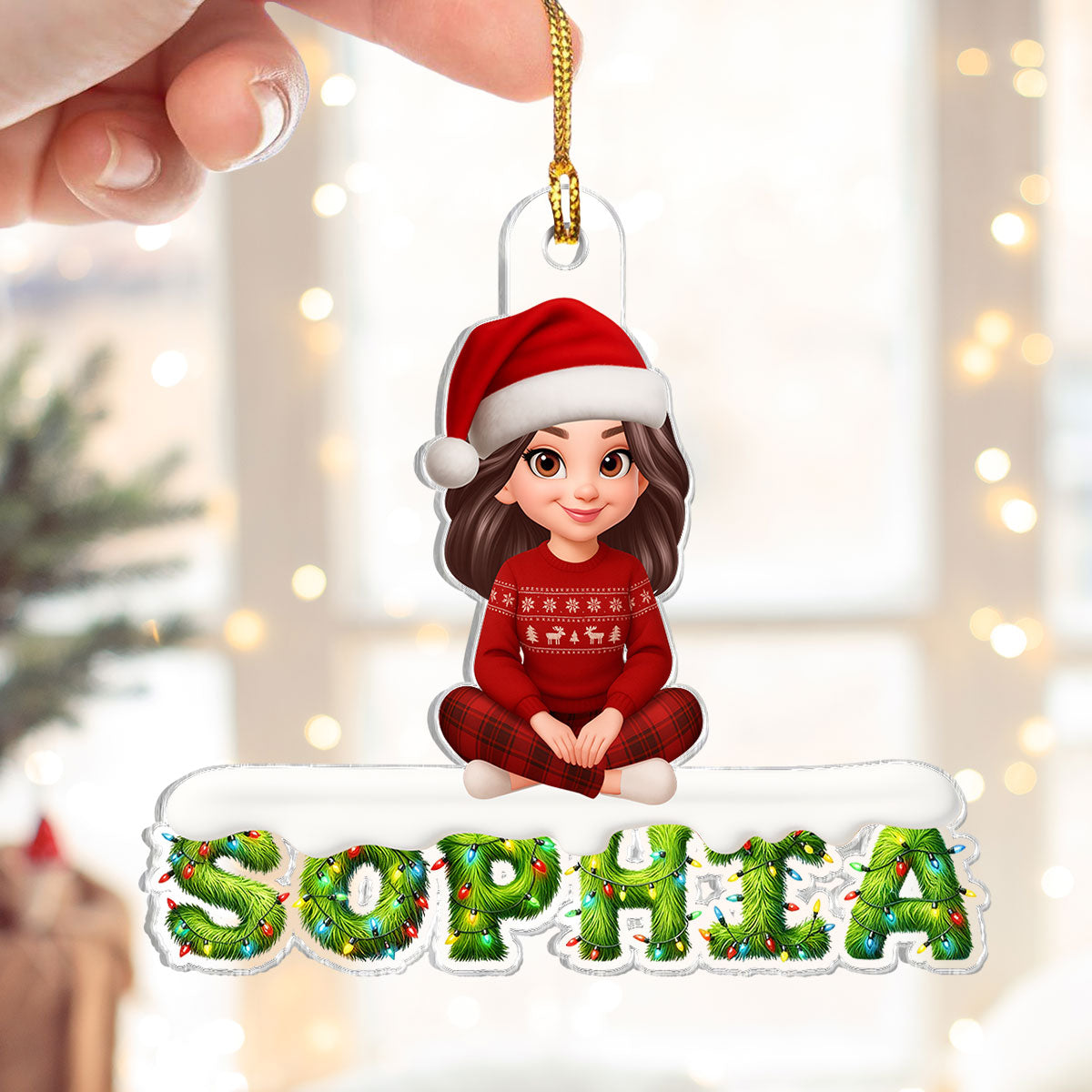 3D Effect Festive Green Pattern Family Member Name - Personalized Acrylic Ornament - Gift For Family