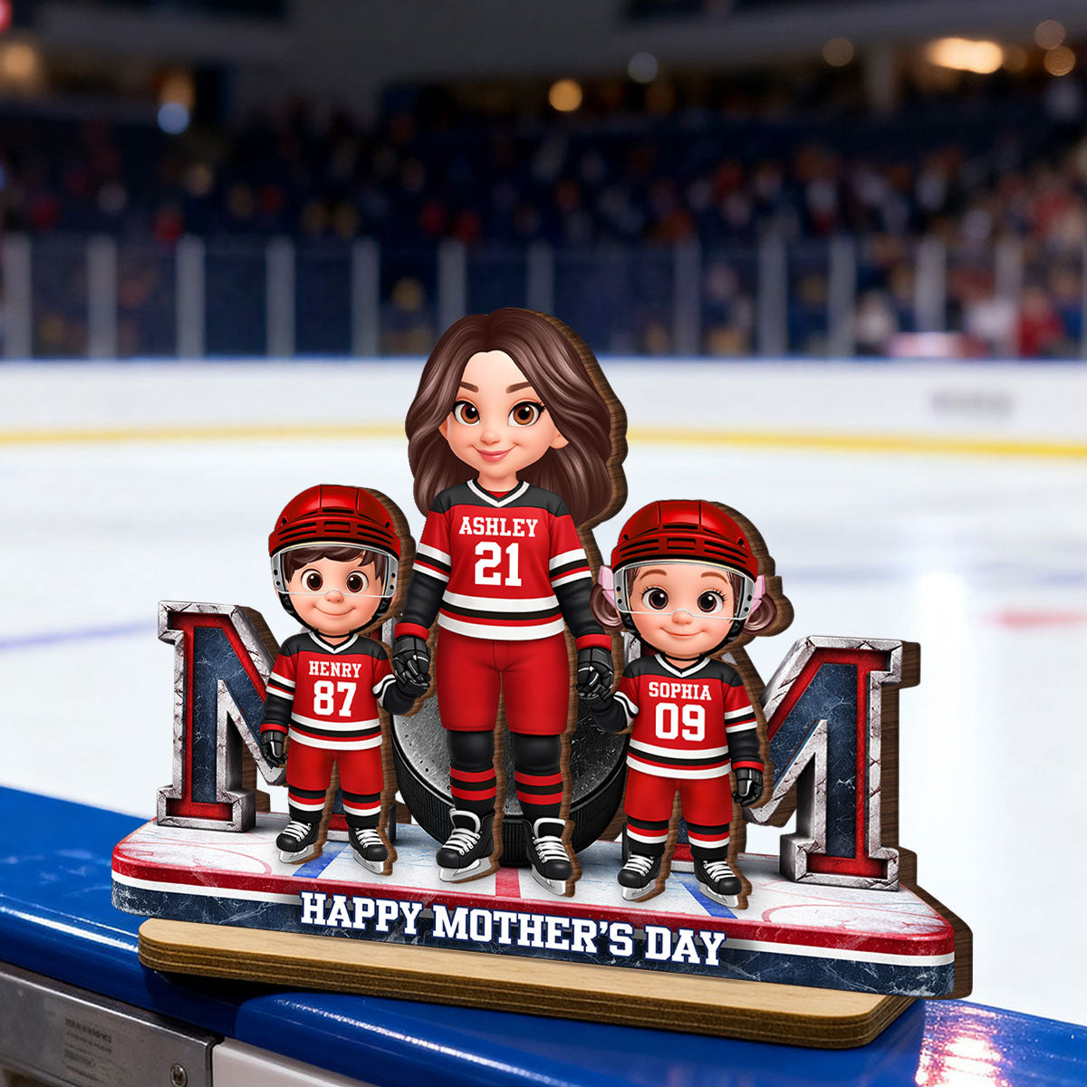 Mom And Her Kids Together Hockey - Personalized 2-Layered Wooden Plaque - Mother's Day Gift For Hockey Mom, Gift For Wife