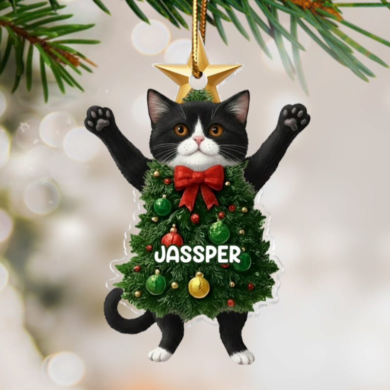 3D Effect Whimsical Christmas Cat - Personalized Acrylic Ornament - Gift For Cat Lover