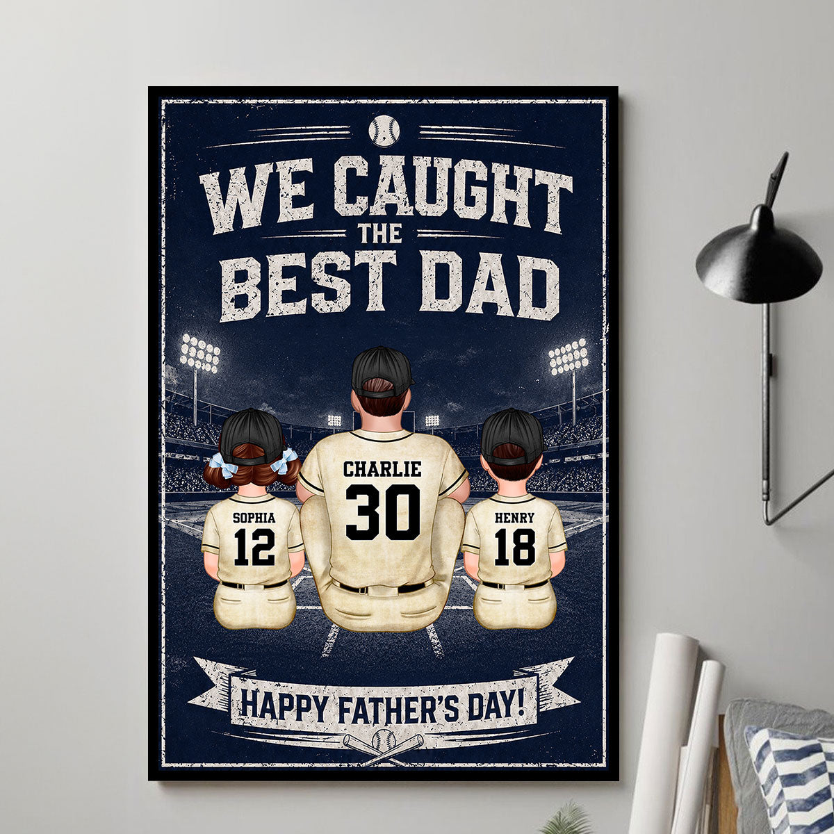 Retro Vintage Baseball Wall Art We Caught the Best Dad - Personalized Poster - Father's Day Gift for Dad, Husband