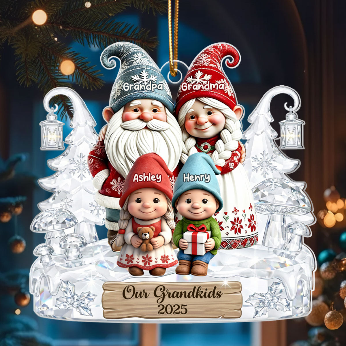 Grandpa Grandma And Grandkids Gnome Crystal Pattern - Personalized Acrylic Ornament - Heartwarming Christmas Gift For Grandma, Grandpa, Family