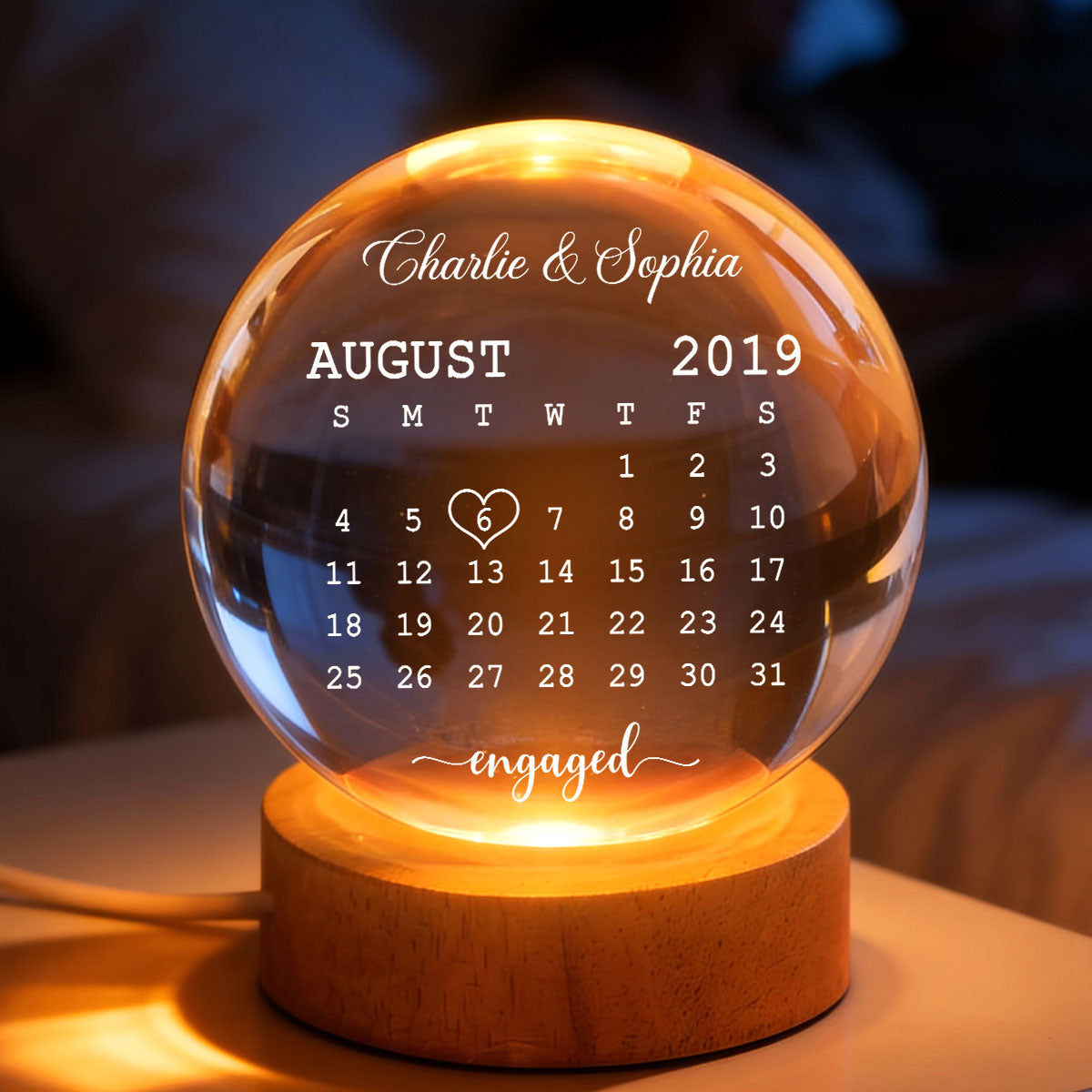 Calendar Engagement Couple - Personalized Crystal Ball LED Night Light - Anniversary, Valentine's Day Gift, Gift For Him, Gift For Her