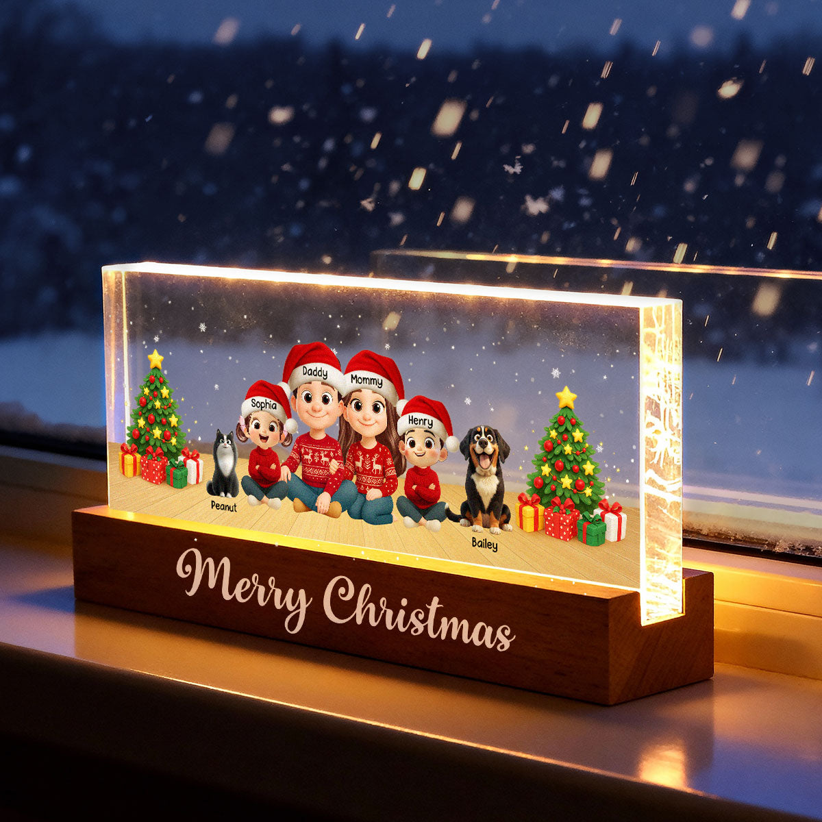 Merry Christmas Family Sitting - Personalized Acrylic Block LED Night Light - Custom Family with Pets, Holidays Gift for Husband, Wife