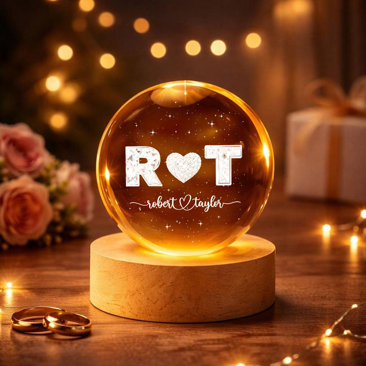 Eternal Love Couple Initial Names - Personalized Crystal Ball LED Night Light - Valentine's Day Gift For Couple, For Her, For Him