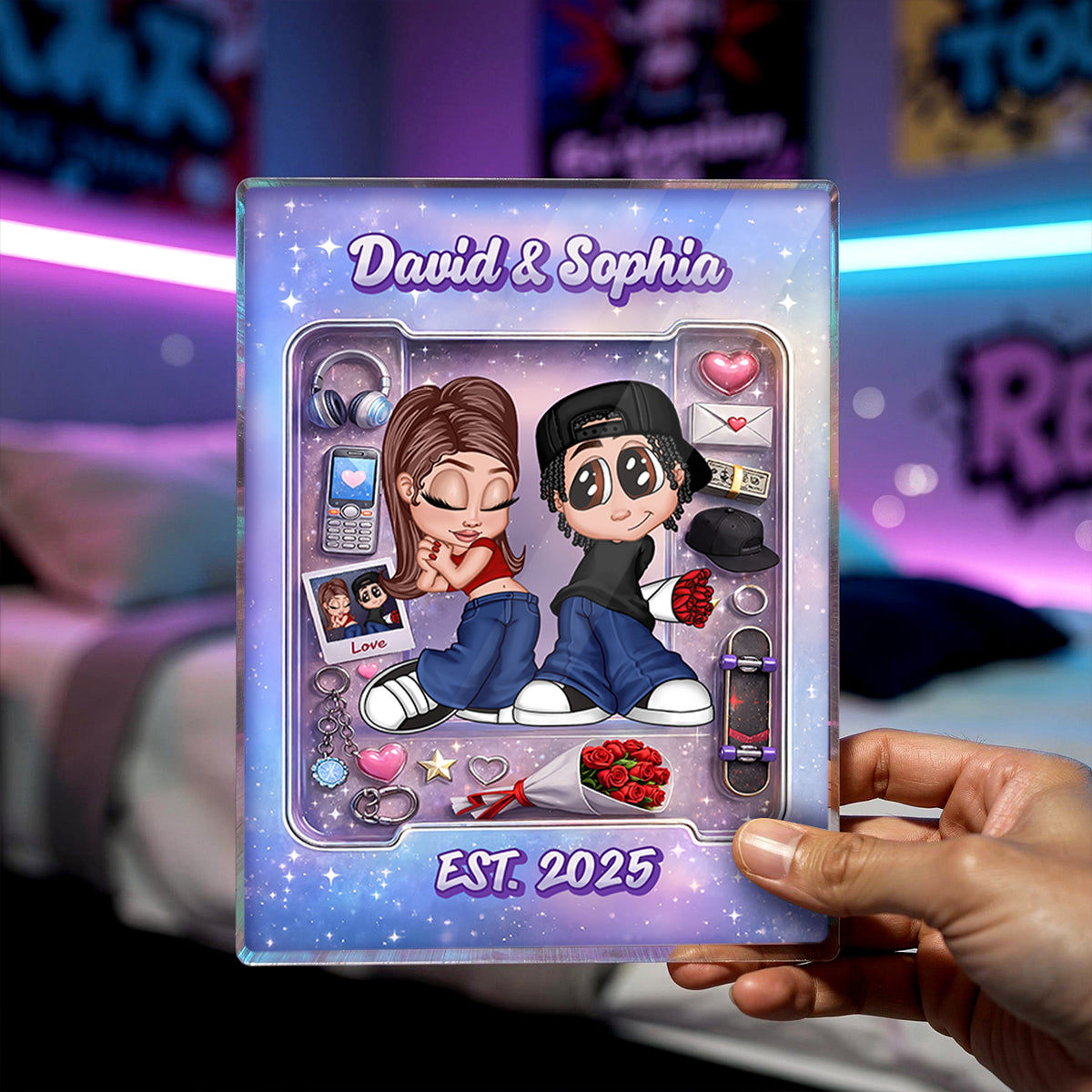 Y2K Couple Pink Toy Box With Accessories - Personalized Acrylic Block - Gift for Couple