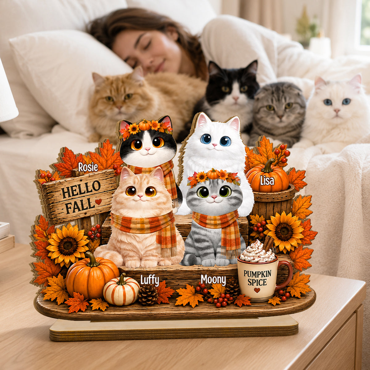 Hello Fall Cute Cats Sitting - Personalized 2-Layered Wooden Plaque - Cozy Fall Decor for Cat Moms, Cat Lovers