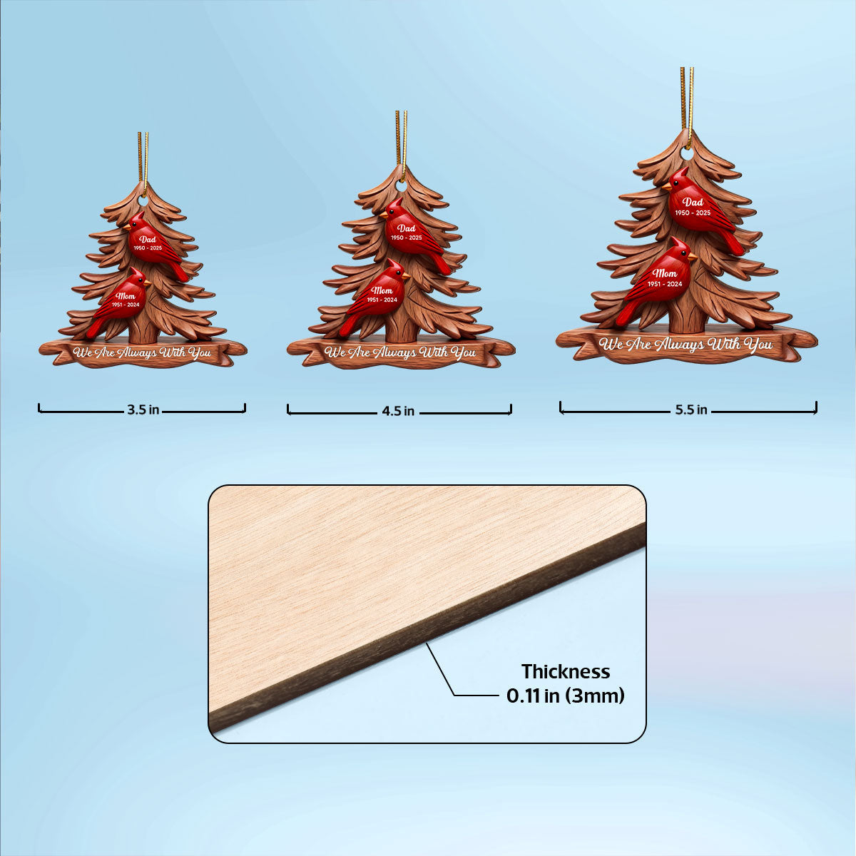3D Effect Flat Christmas Cardinals Memorial - Personalized Ornament - Remembrance Gift, Sympathy Gift