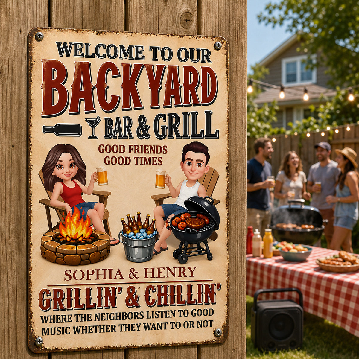 Welcome To Our Backyard Bar & Grill - Personalized Metal Sign - Gift For Couple, Family, Summer Decorations