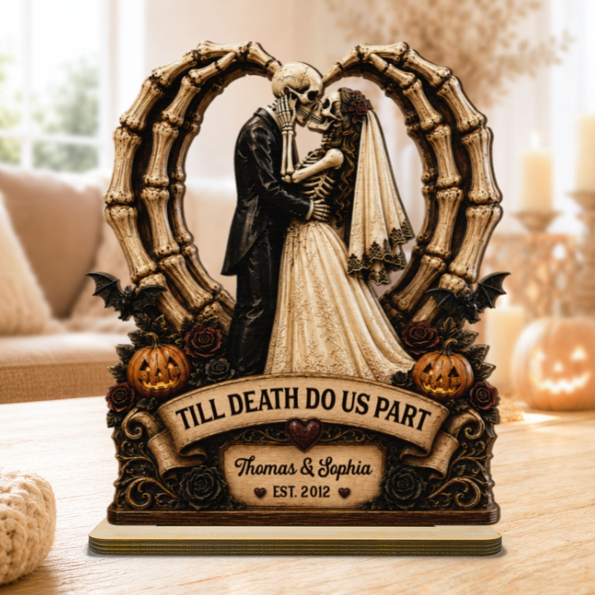 Till Death Do Us Part Skeleton Couple Heart Bone 2D Flat - Personalized 2-Layered Wooden Plaque - Halloween Decor For Couple