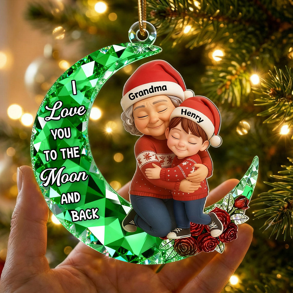 3D Crystal Effect Grandma Grandkid Love to the Moon - Personalized Acrylic Ornament - Christmas Gift for Grandma, Grandkids