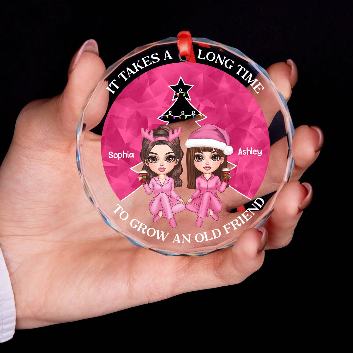 Pink Christmas Besties Sister Christmas Tree Personalized Glass Ornament