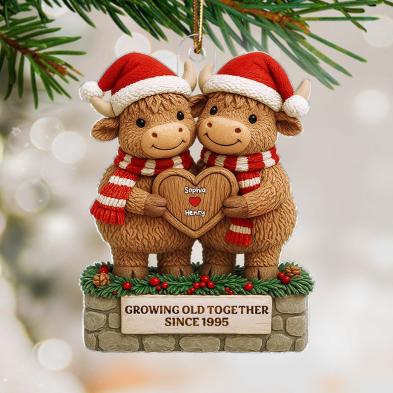 3D Effect Christmas Highland Cows Couple Growing Old Together - Personalized Acrylic Ornament - Gift For Couple
