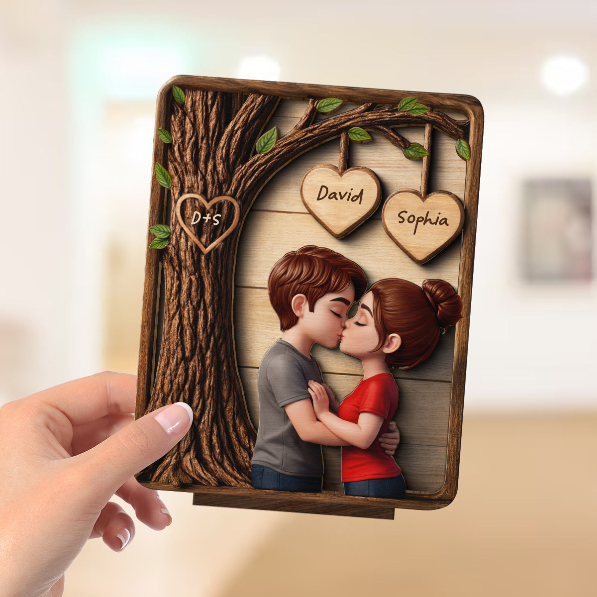 Loving Couple Kissing Under Tree - Personalized 2-Layered Wooden Plaque - Sentimental Valentine's Day Gift for Her, for Him