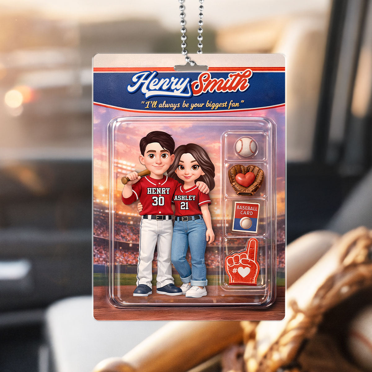 Baseball Couple I'll Always Be Your Biggest Fan Custom Action Figure - Personalized Acrylic Car Hanger - Sentimental Gift for Him