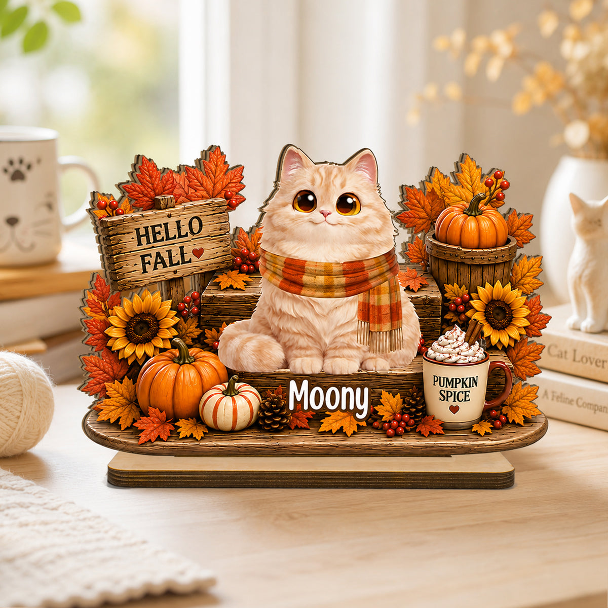 Hello Fall Cute Cats Sitting - Personalized 2-Layered Wooden Plaque - Cozy Fall Decor for Cat Moms, Cat Lovers