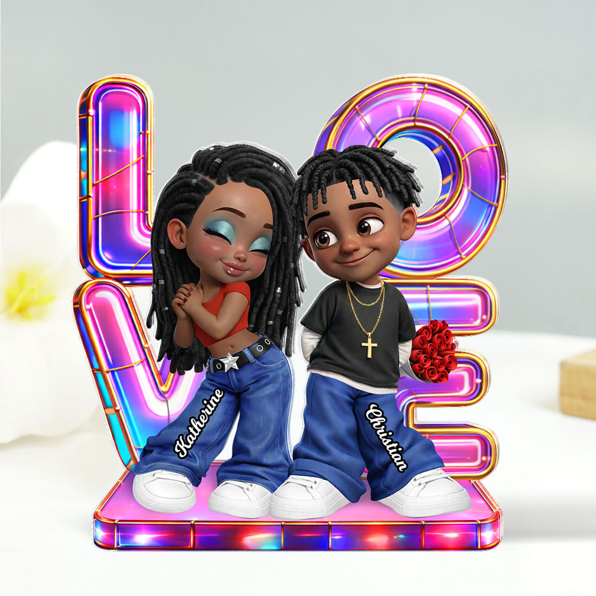 Holographic Love Y2K Couple - Personalized Acrylic Block Plaque - Valentine's Day Gift for Her, for Him