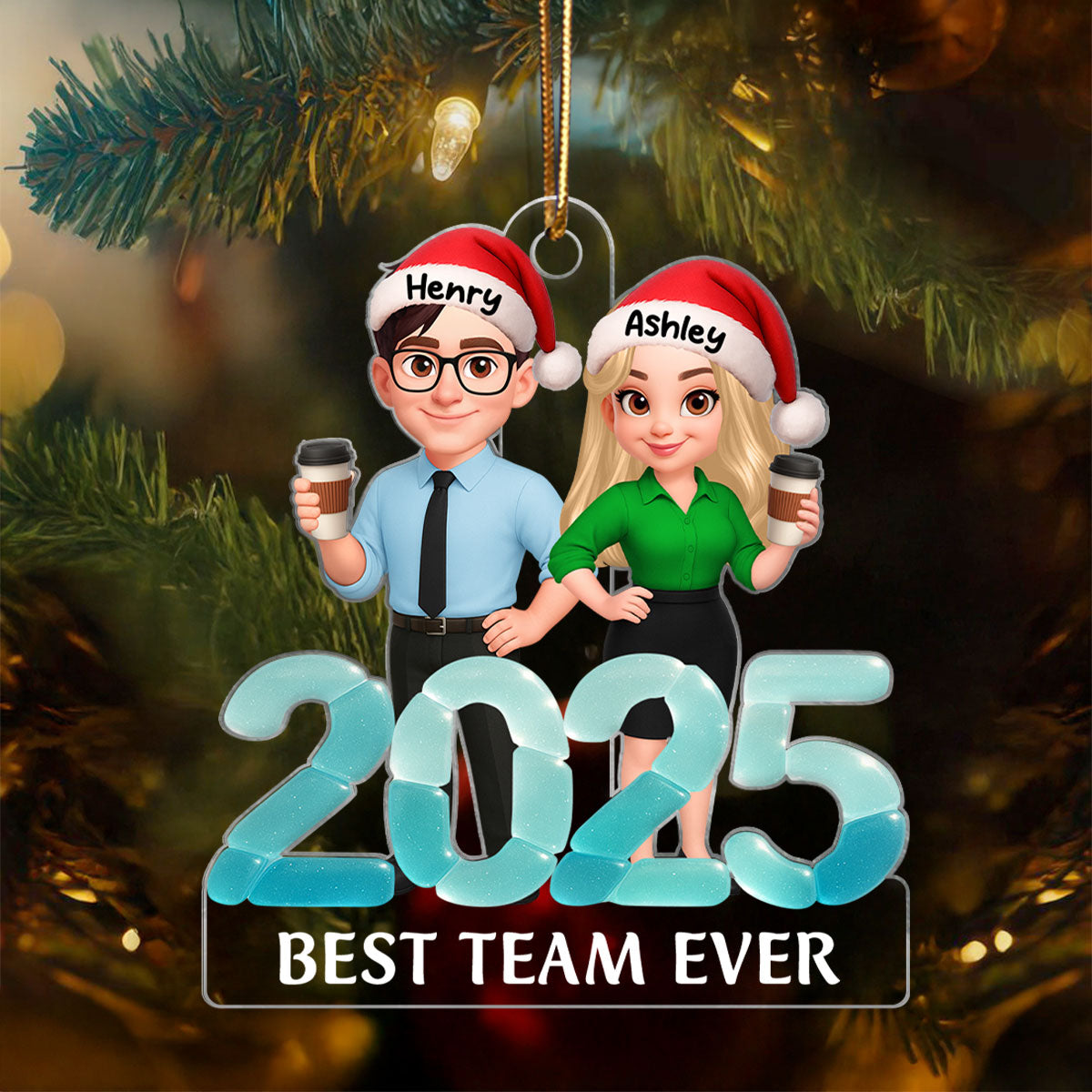 2025 Best Team Ever Sea Glass 3D Effect - Personalized Acrylic Ornament - Christmas Gift for Coworkers, Colleagues
