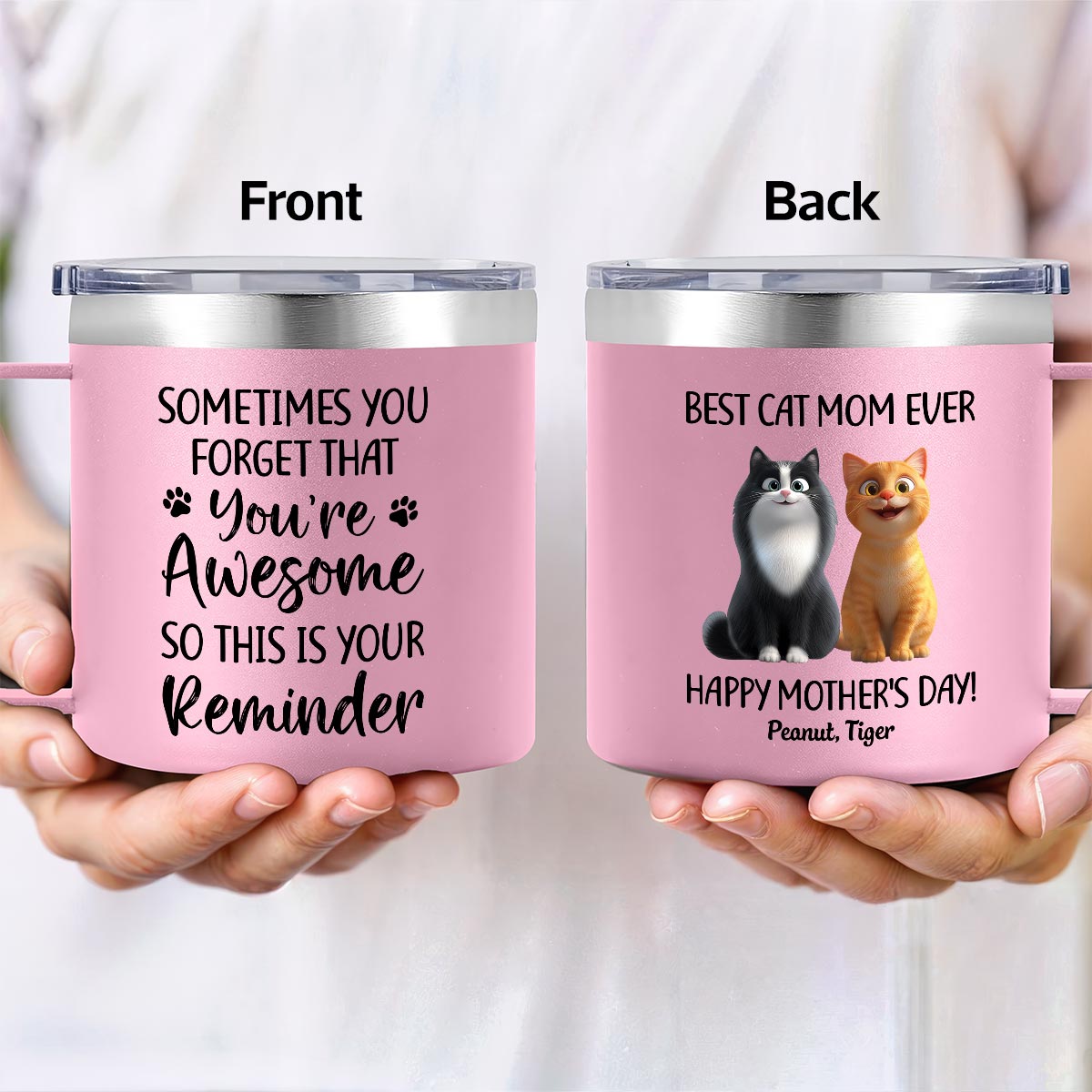 Sometimes You Forget That You're Awesome Cat Mom - Personalized Stainless Steel Tumbler with Handle - Mother's Day Gift For Cat Lovers