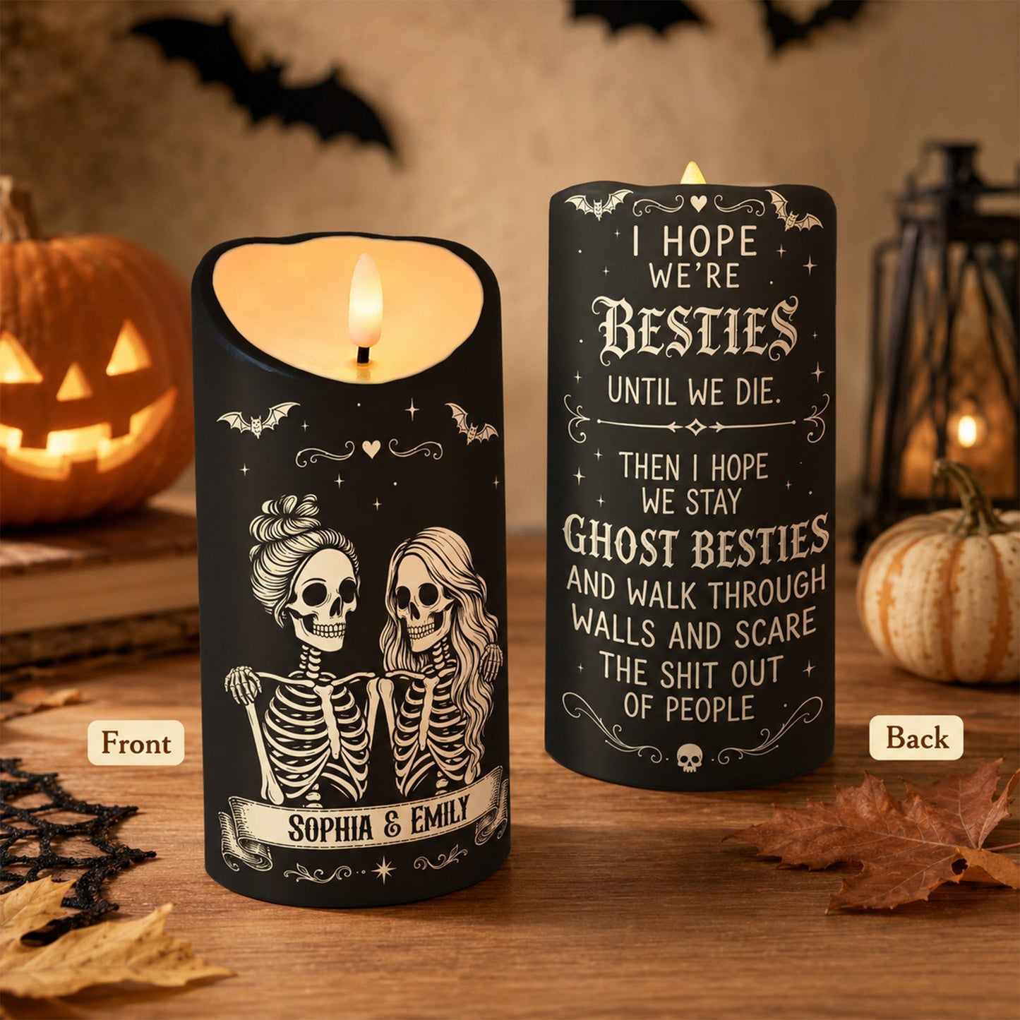 Skeleton Besties Until We Die - Personalized LED Candle - Funny Work Bestie Gift, Halloween Keepsake For Best Friends