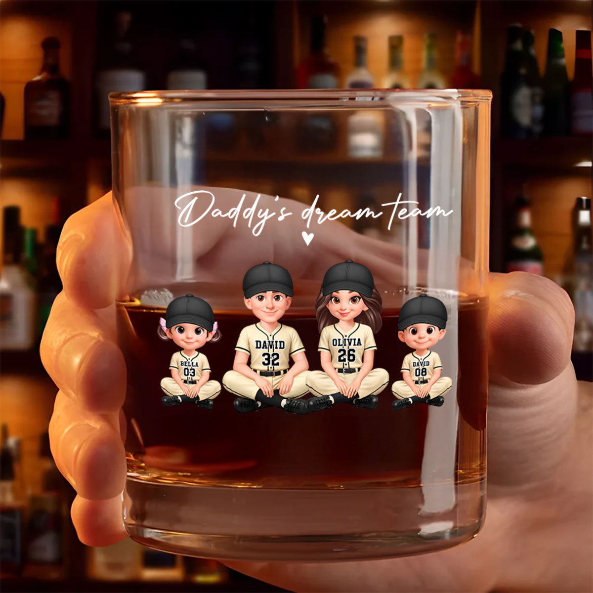 Daddy's Dream Team Baseball - Personalized Whiskey Glass - Father's Day Gift For Dad