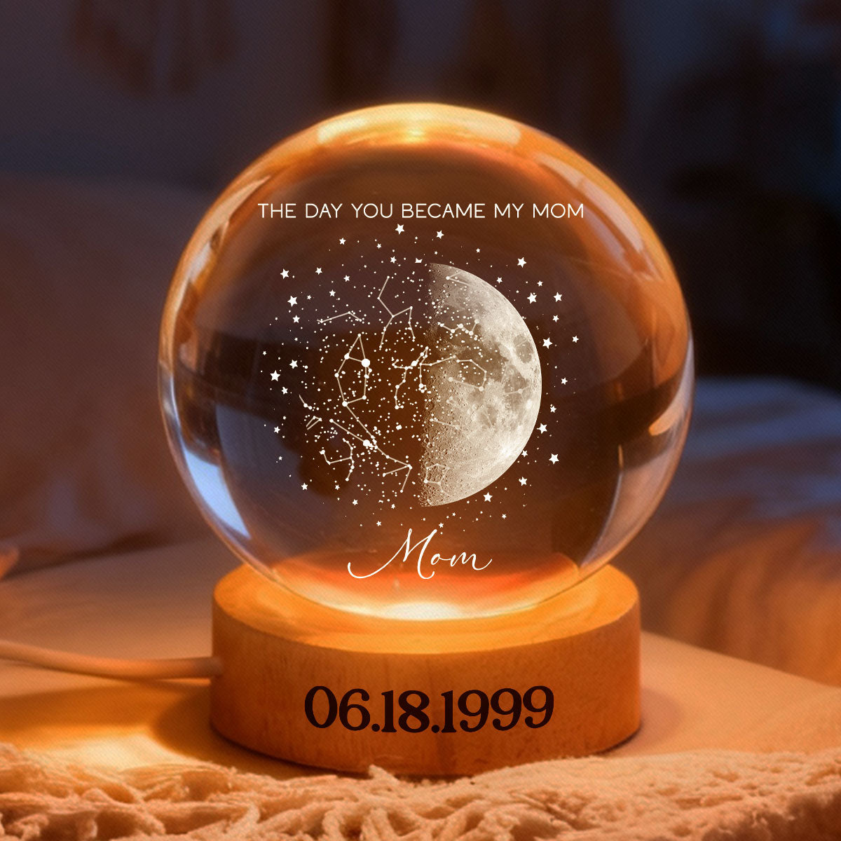 Custom Moon Phase and Star Map by Date - Personalized Crystal Ball LED Night Light - Mother's Day Gift for Mom, Wife