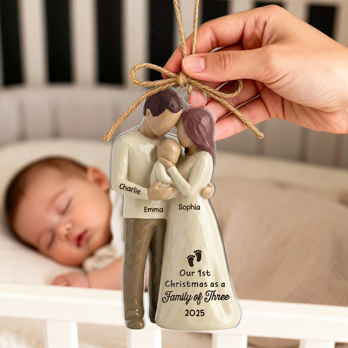 3D Effect First Christmas As Family Of Three Mom Dad & Baby - Personalized Car Hanger