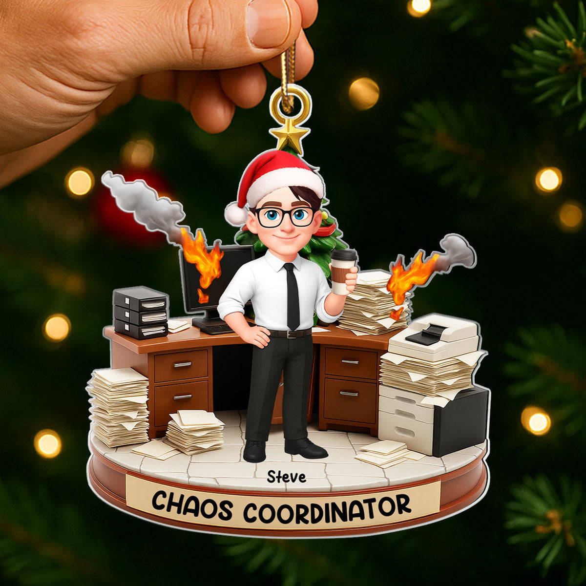 Office Chaos Coordinator - Personalized Acrylic Ornament - Funny Christmas Gift for Coworkers, White Elephant, Secret Santa Gift