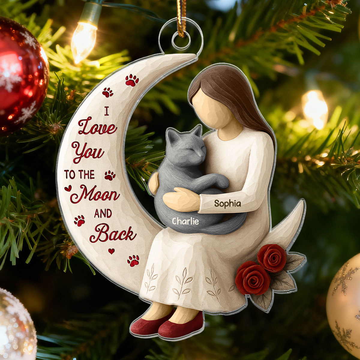 3D Effect Roses Wooden Texture Cat Mom On Moon - Personalized Acrylic Ornament - Christmas Gift For Cat Mom