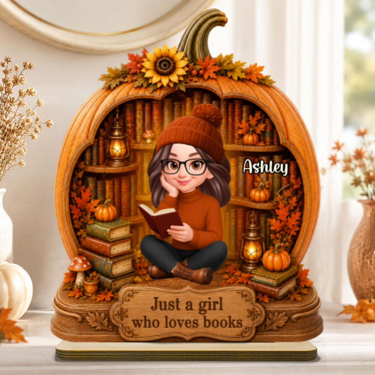 Fall Season Pumpkin Just A Woman Who Loves Books - Personalized 2-Layered Wooden Plaque - Fall Gift For Book Lovers