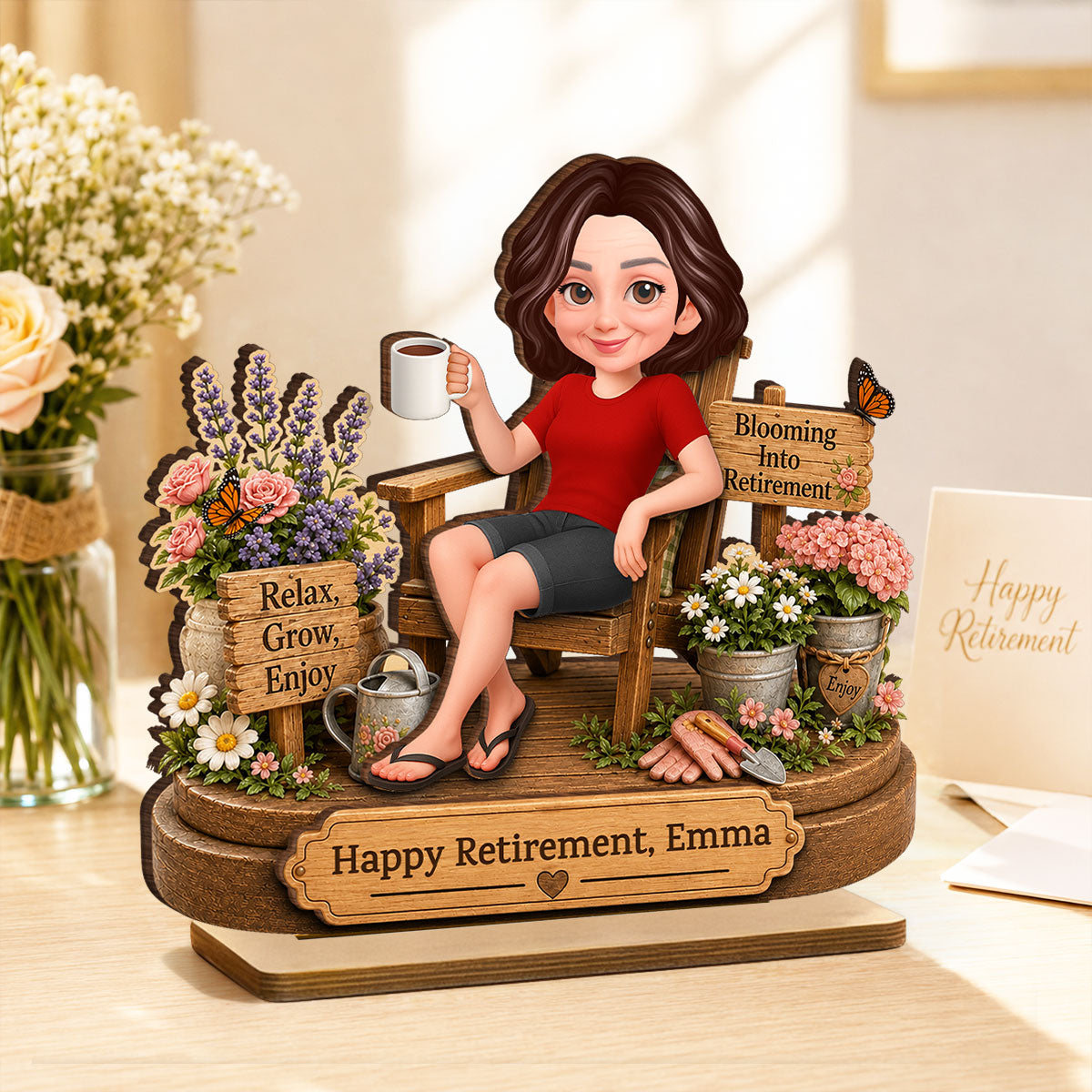Blooming into Retirement - Personalized 2-Layered Wooden Plaque - Retirement Gift for Grandma, Mom, Wife