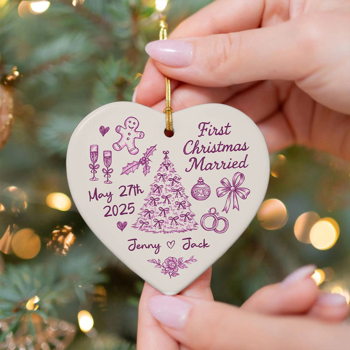 First Christmas Married Toile De Jouy Pattern - Personalized Ceramic Ornament - Christmas Gift For Him, For Her, For Couple