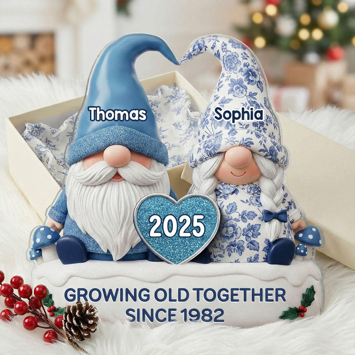 3D Effect Vintage Floral Toile De Jouy Pattern Gnome Couple - Personalized Acrylic Ornament