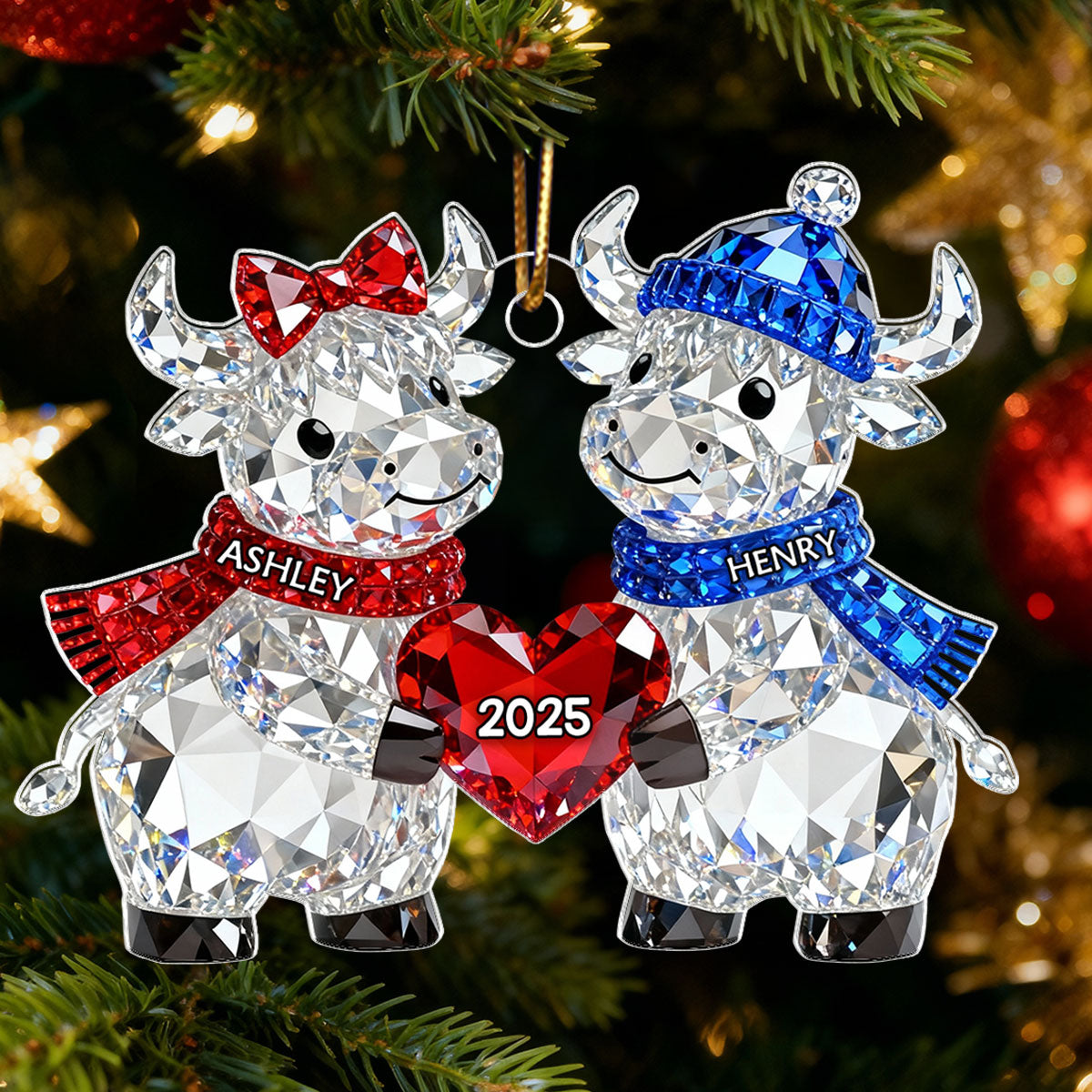 3D Crystal Effect Christmas Highland Cow Couple - Personalized Acrylic Ornament - Heartwarming Christmas Gift for Couple