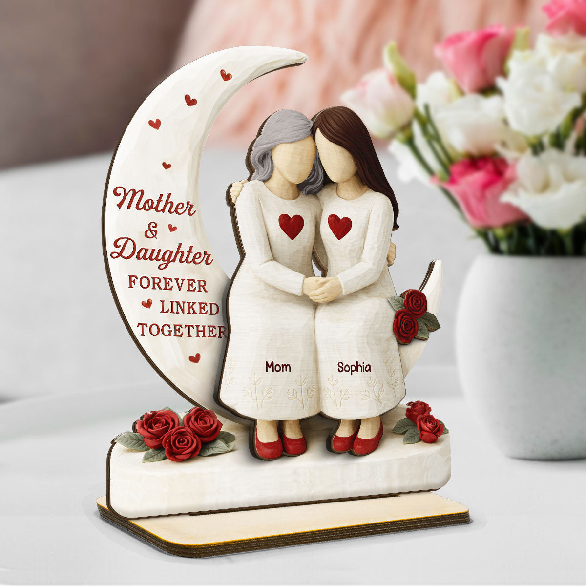 Roses Moon Mom And Daughter Forever Linked Together - Personalized 2-Layered Wooden Plaque - Gift For Mom, Daughter