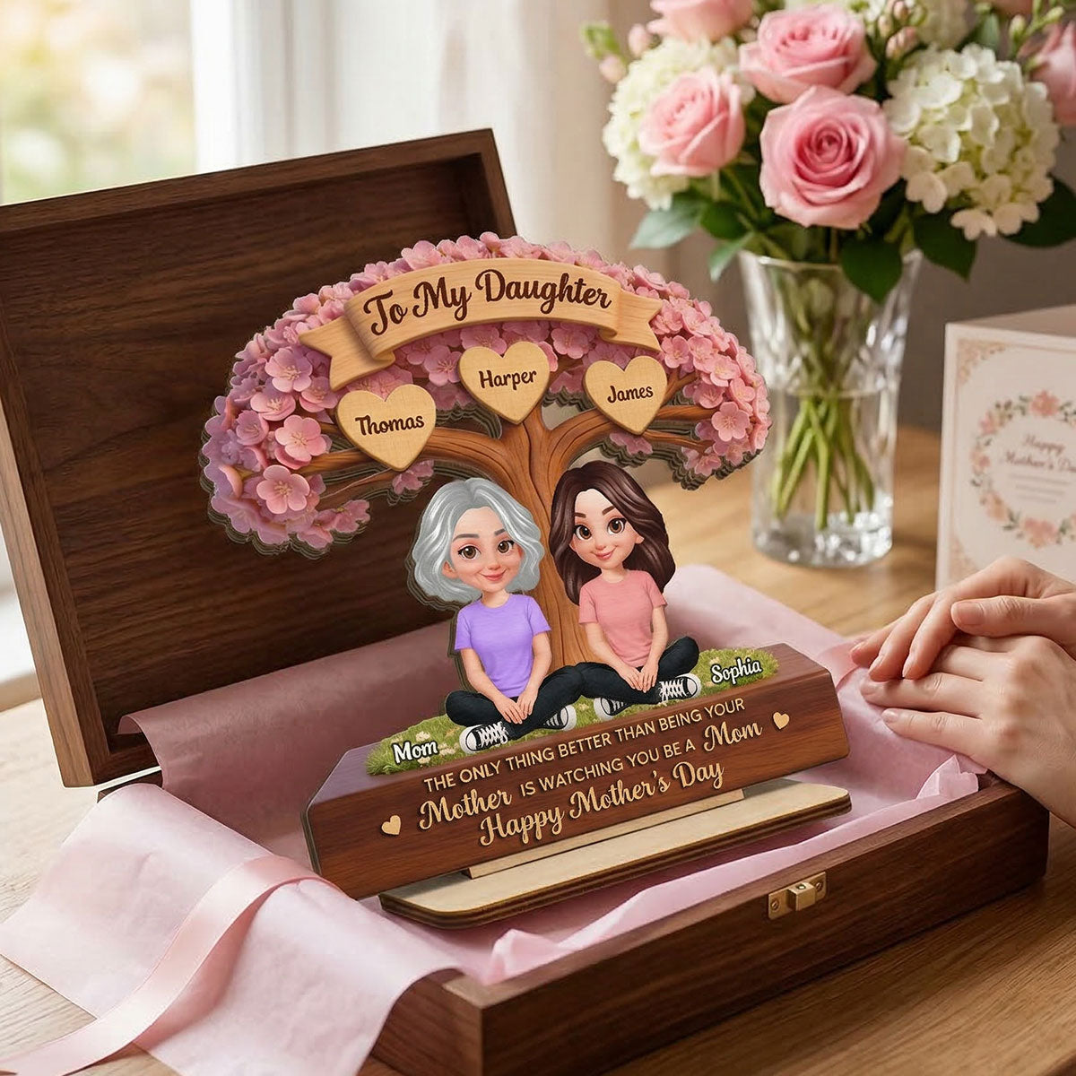 Blossom Tree To My Daughter From Mom Happy Mother's Day Custom Kids Names - Personalized 2-Layered Wooden Plaque - Mother's Day Gift For Daughter
