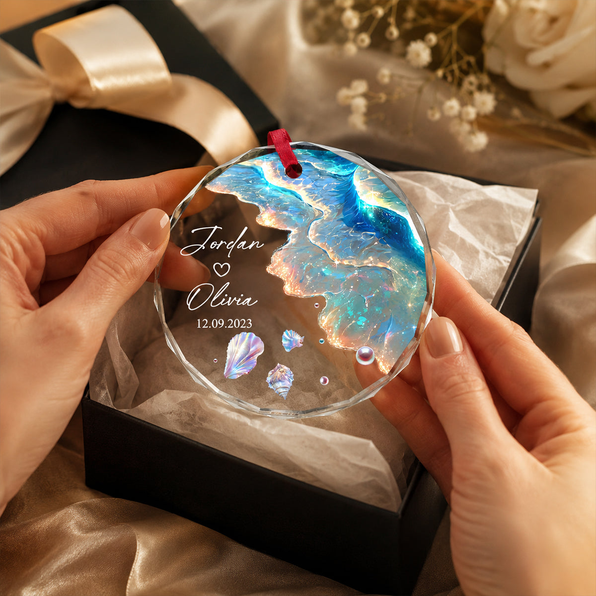 Ocean Wave Custom Engagement Wedding Gift for Couple - Personalized Glass Ornament - Mermaid Tail Keepsake, Mr & Mrs Anniversary Present