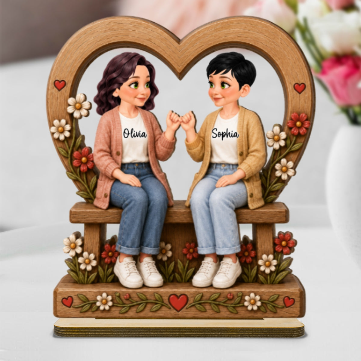 Best Friends Are The Family We Choose Pinky Promise Besties Sitting 2D Flat - Personalized 2-Layered Wooden Plaque - Birthday Gift, Friendship Gift for Best Friends