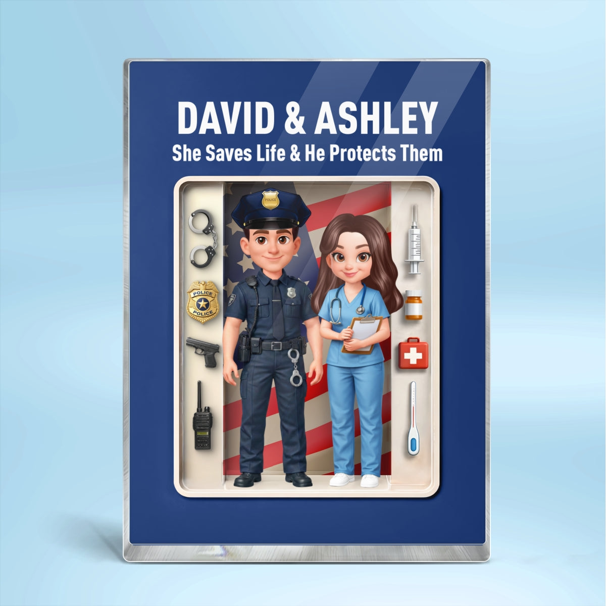 Police & Nurse Couple 3D Action Figure - Personalized Acrylic Block Plaque - Heartfelt Gift for Him, for Her