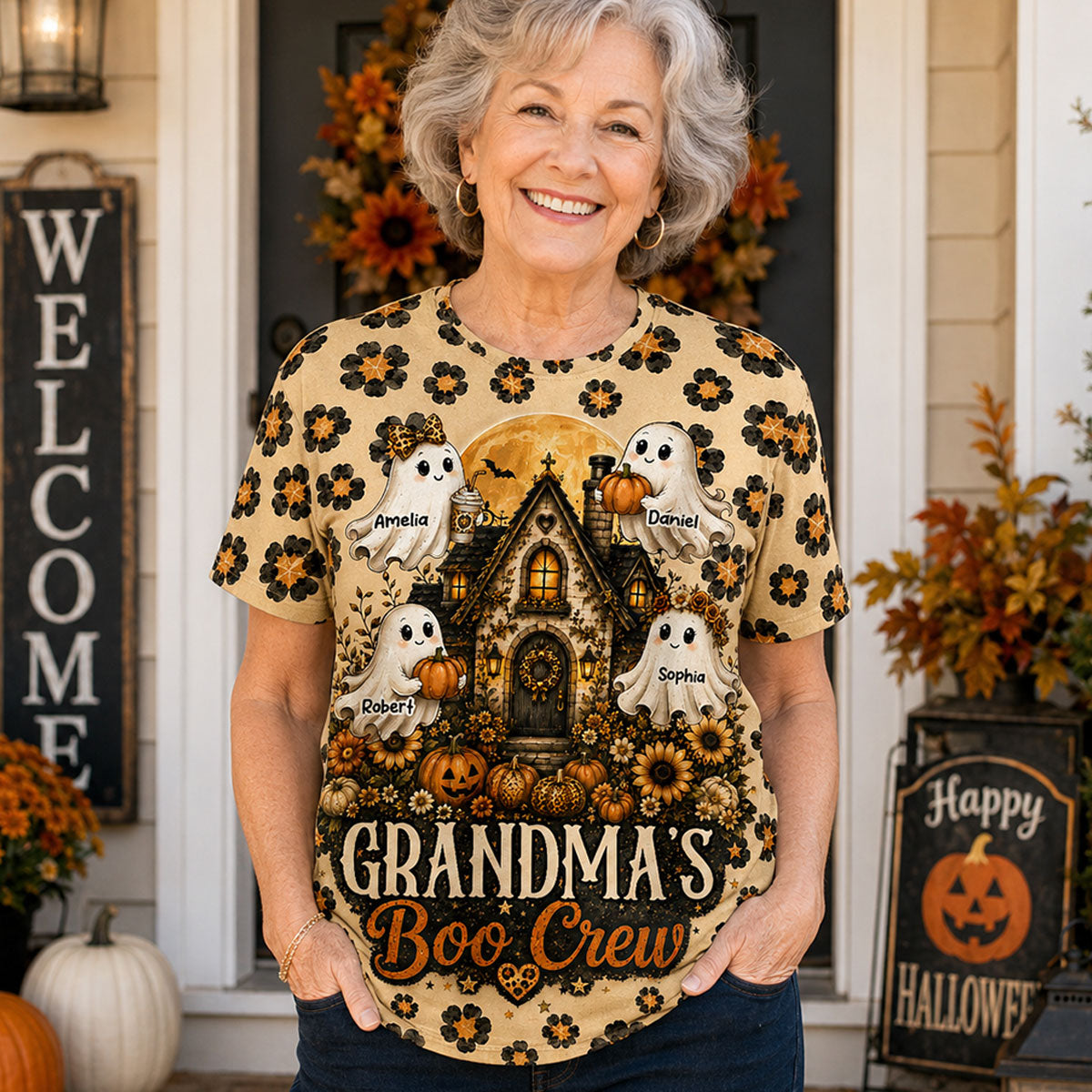 Leopard Style Grandma's Boo Crew - Personalized Shirt - Halloween Fall Season Gift For Grandma, Mom