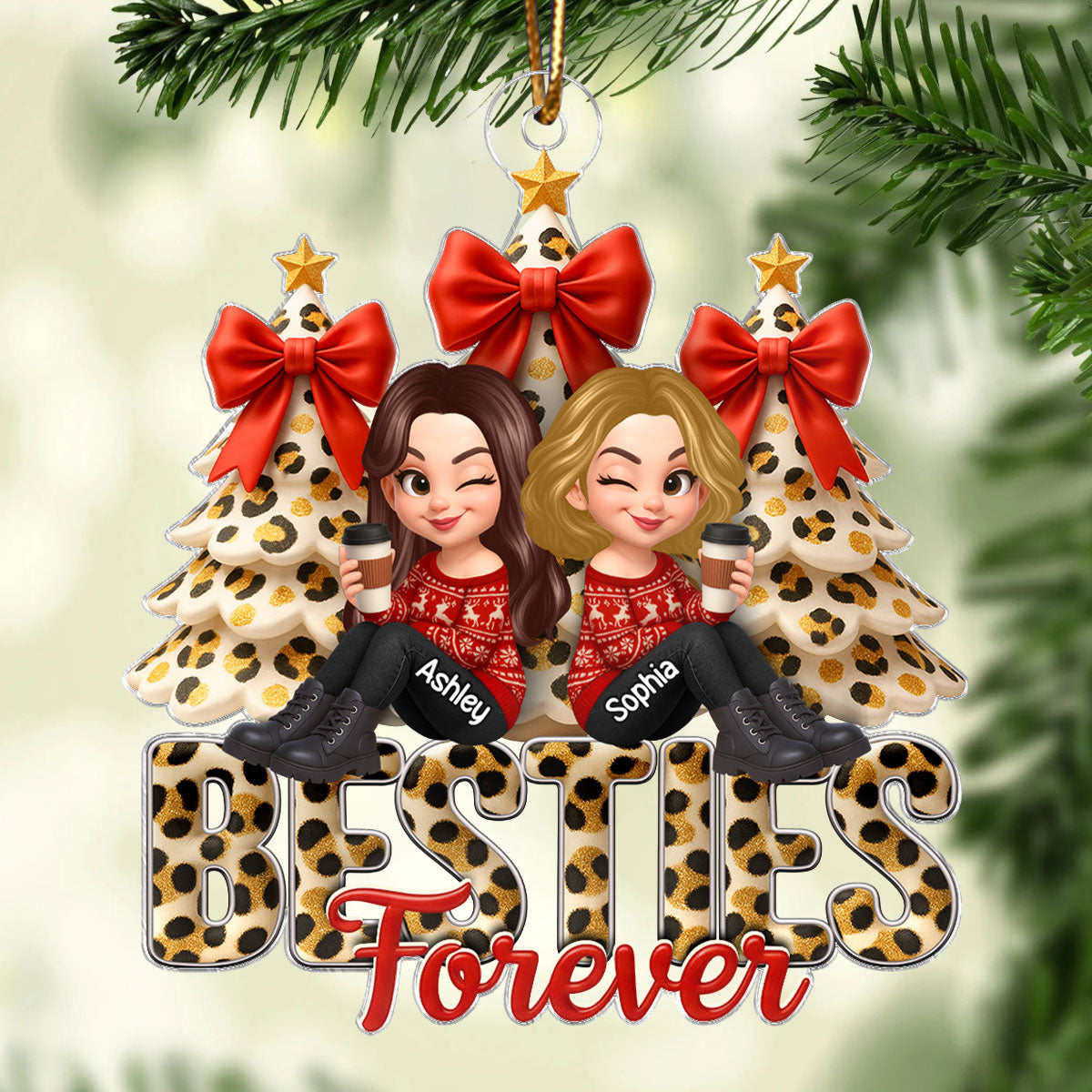 Besties Forever Leopard Pattern - Personalized Acrylic Ornament - Unique Christmas Gift for Best Friends